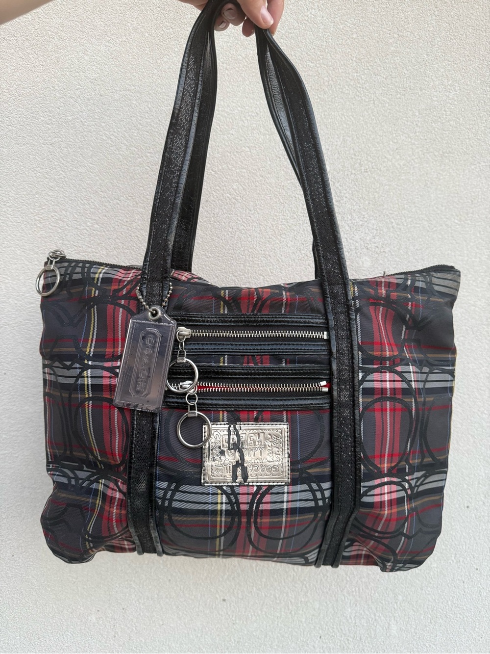 Coach Poppy Plaid Quilted Tote Bag with Black Trim